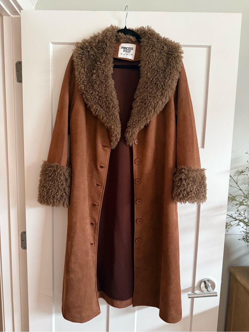 Princess Polly Brown Faux-Suede Coat with Faux-Fur Trim